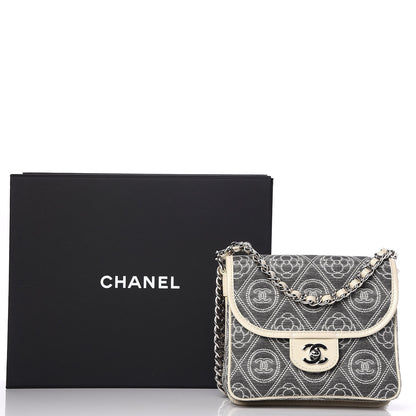 Chanel Fabric Camellia Printed Grained Calfskin Messenger Bag Black White 8 of 8