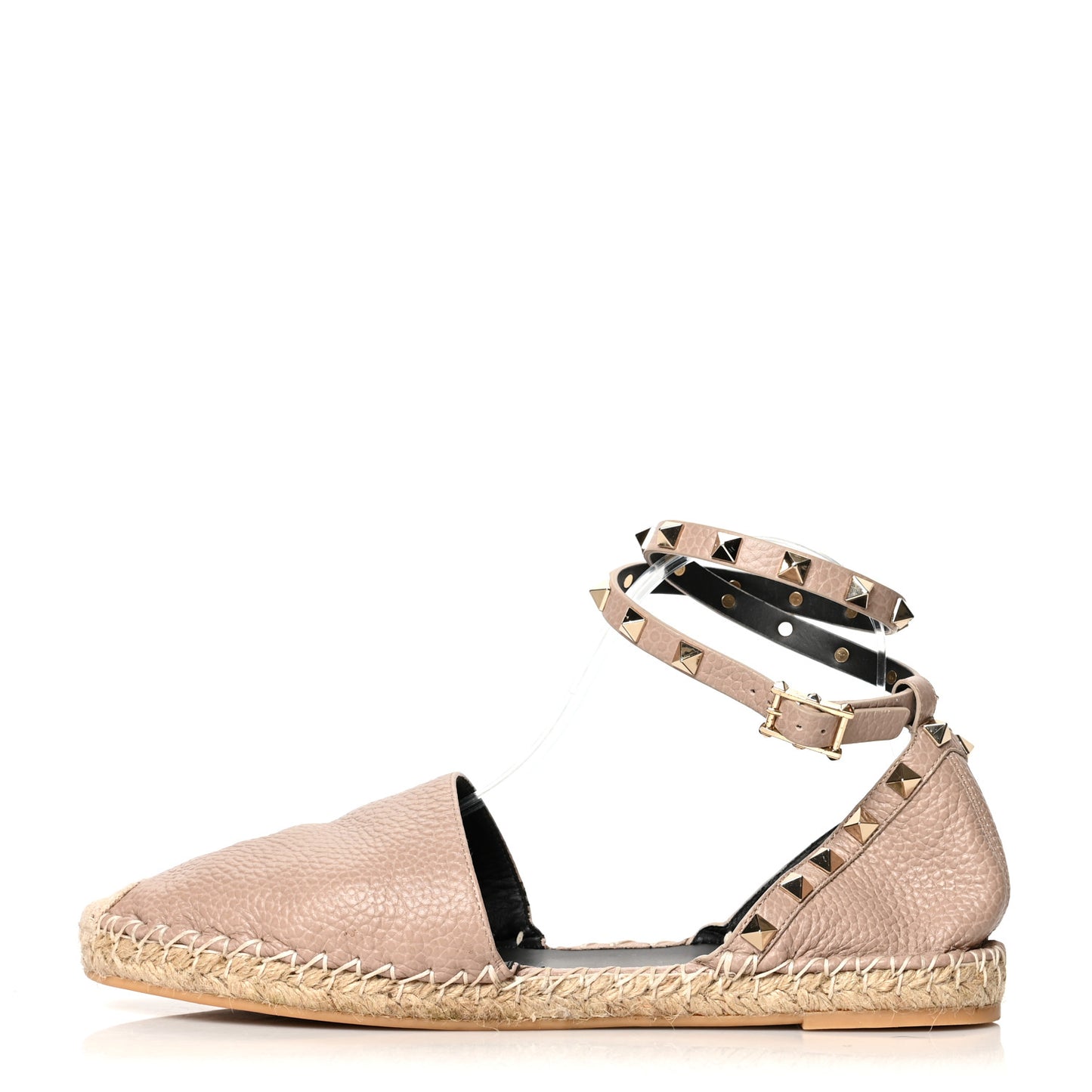 Grained Calfskin Rockstud Ankle Wrap Espadrille Flats 40 Poudre