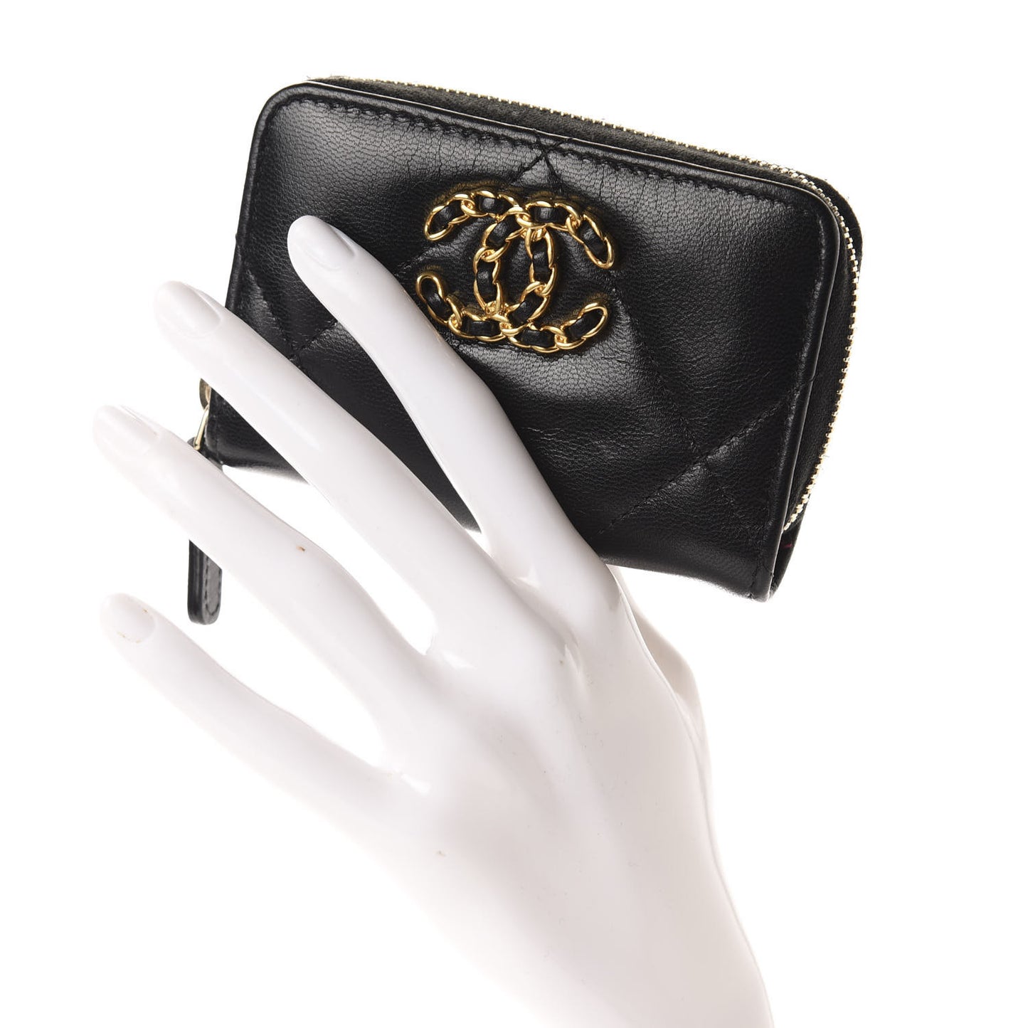 Shiny Goatskin Quilted Chanel 19 Zip Around Coin Purse Wallet Black