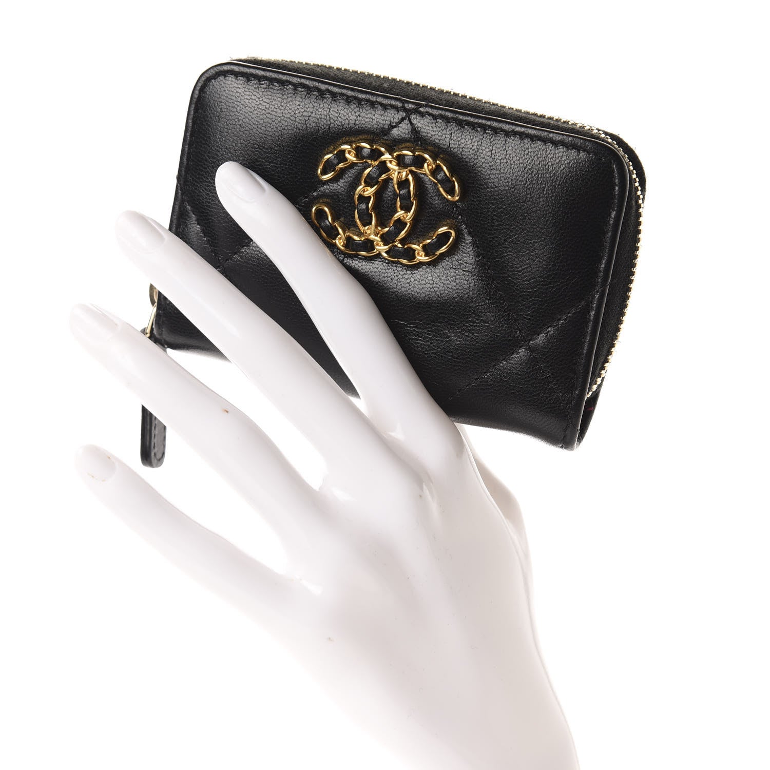 Chanel Shiny Goatskin Quilted Chanel 19 Zip Around Coin Purse Wallet Black 2 of 8