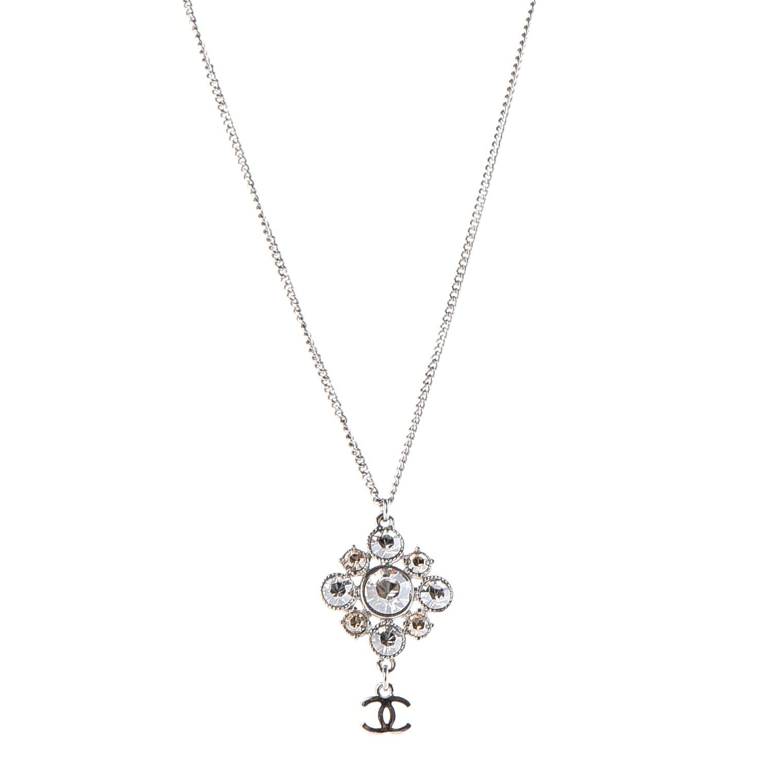 Chanel Crystal CC Drop Pendant Necklace Silver 1 of 6