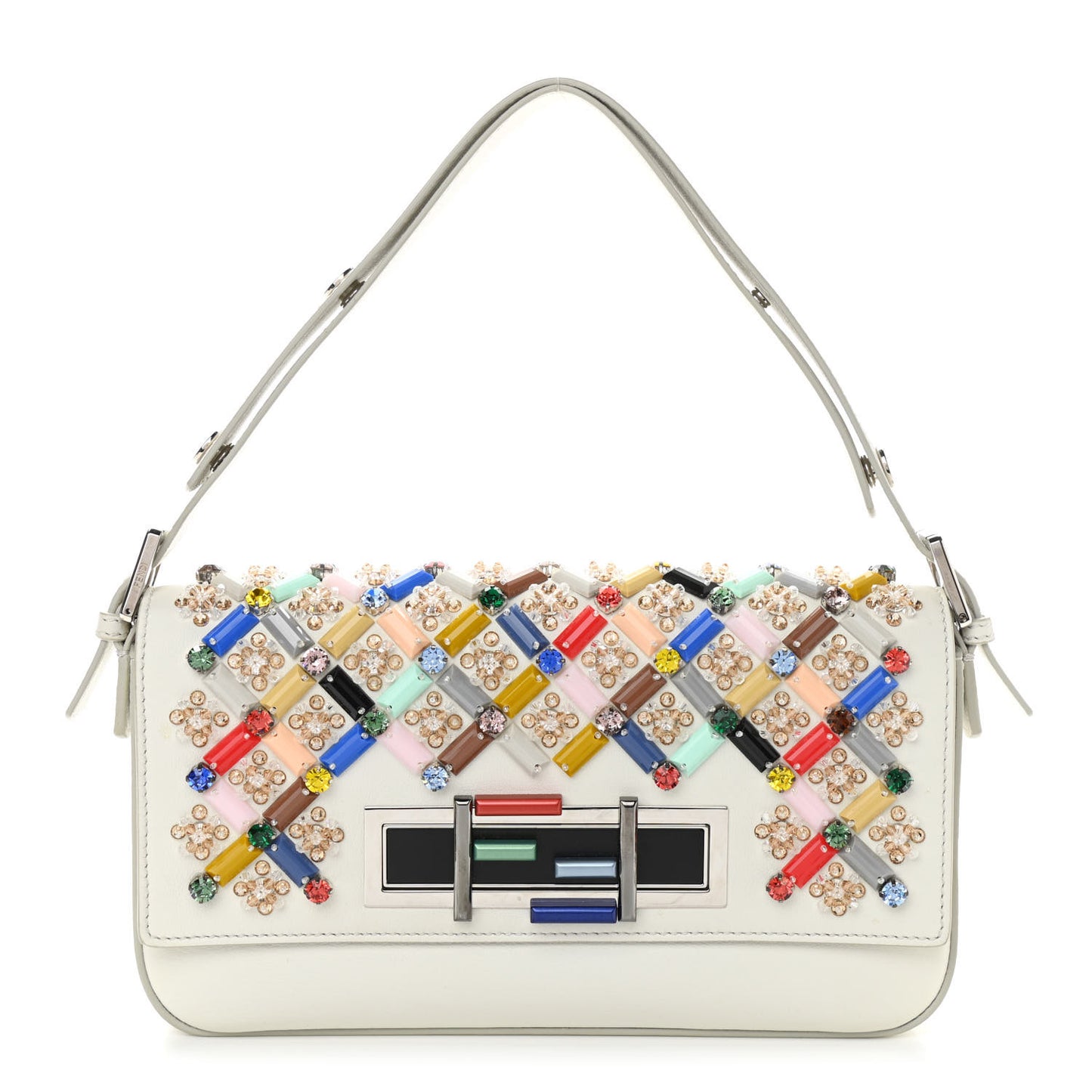Vitello Dolce Crystal 3Baguette Shoulder Bag White Multicolor