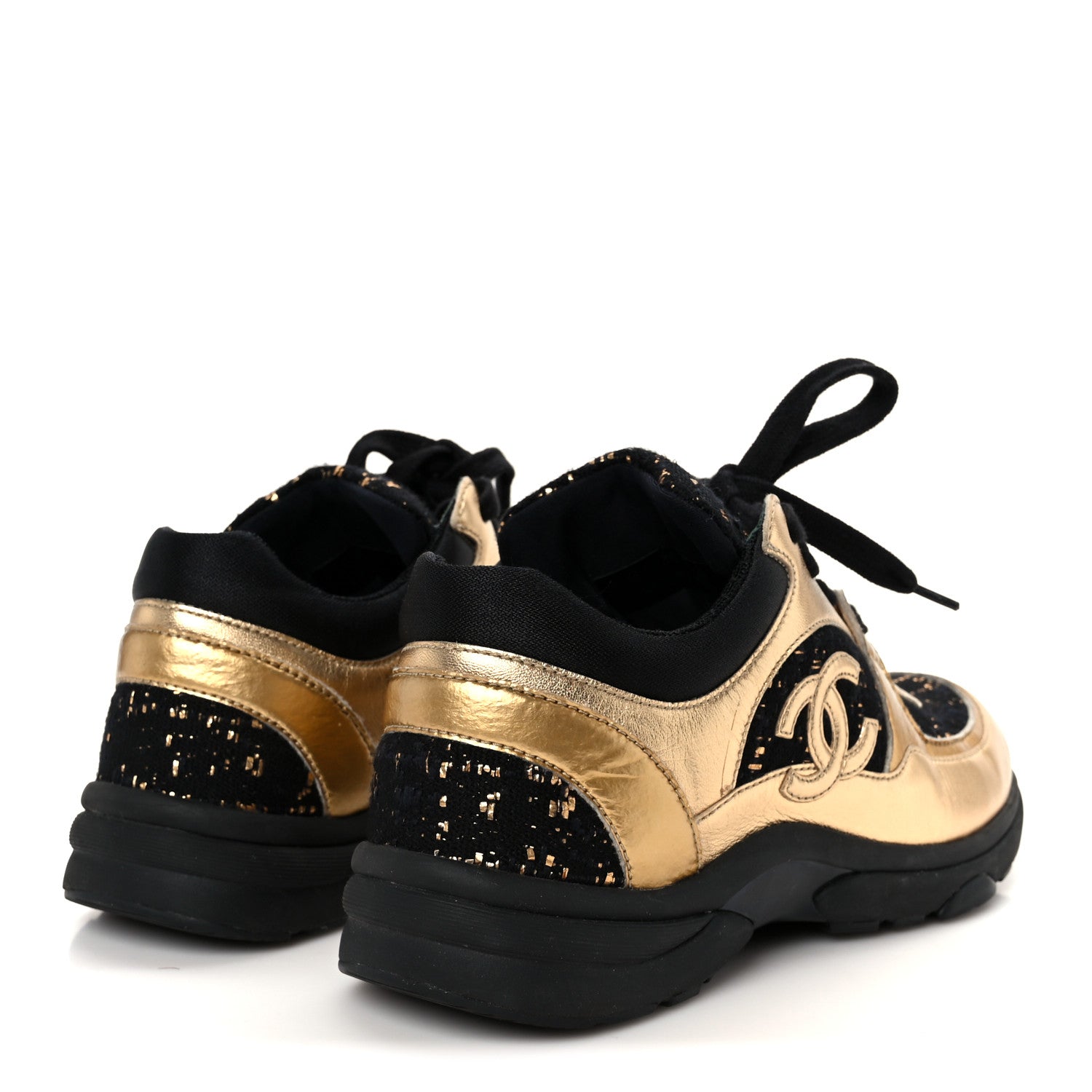 Chanel Satin Lambskin Fabric Tweed CC Sneakers 35.5 Gold Black 5 of 9