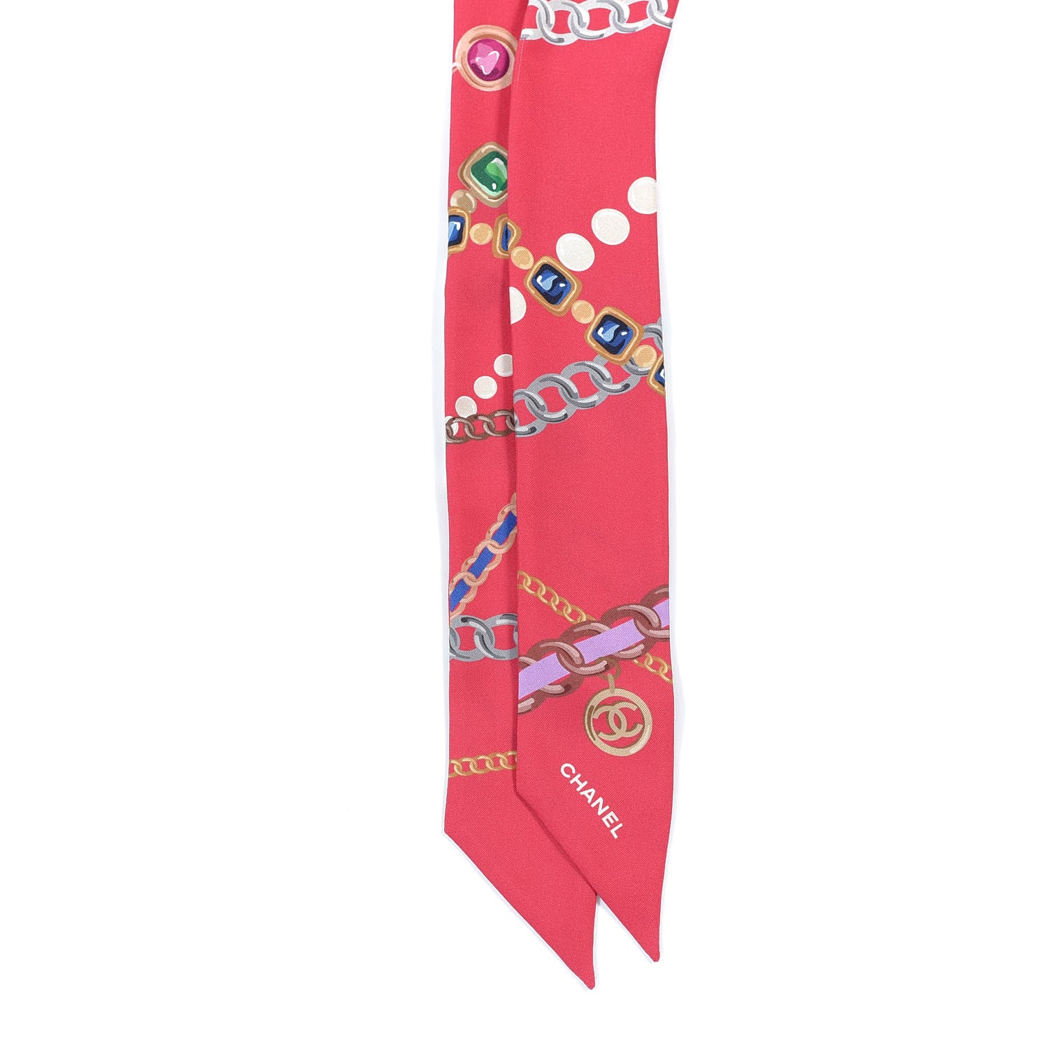 Chanel Silk Pearl CC Chain Slim Bandeau Scarf Red 2 of 3