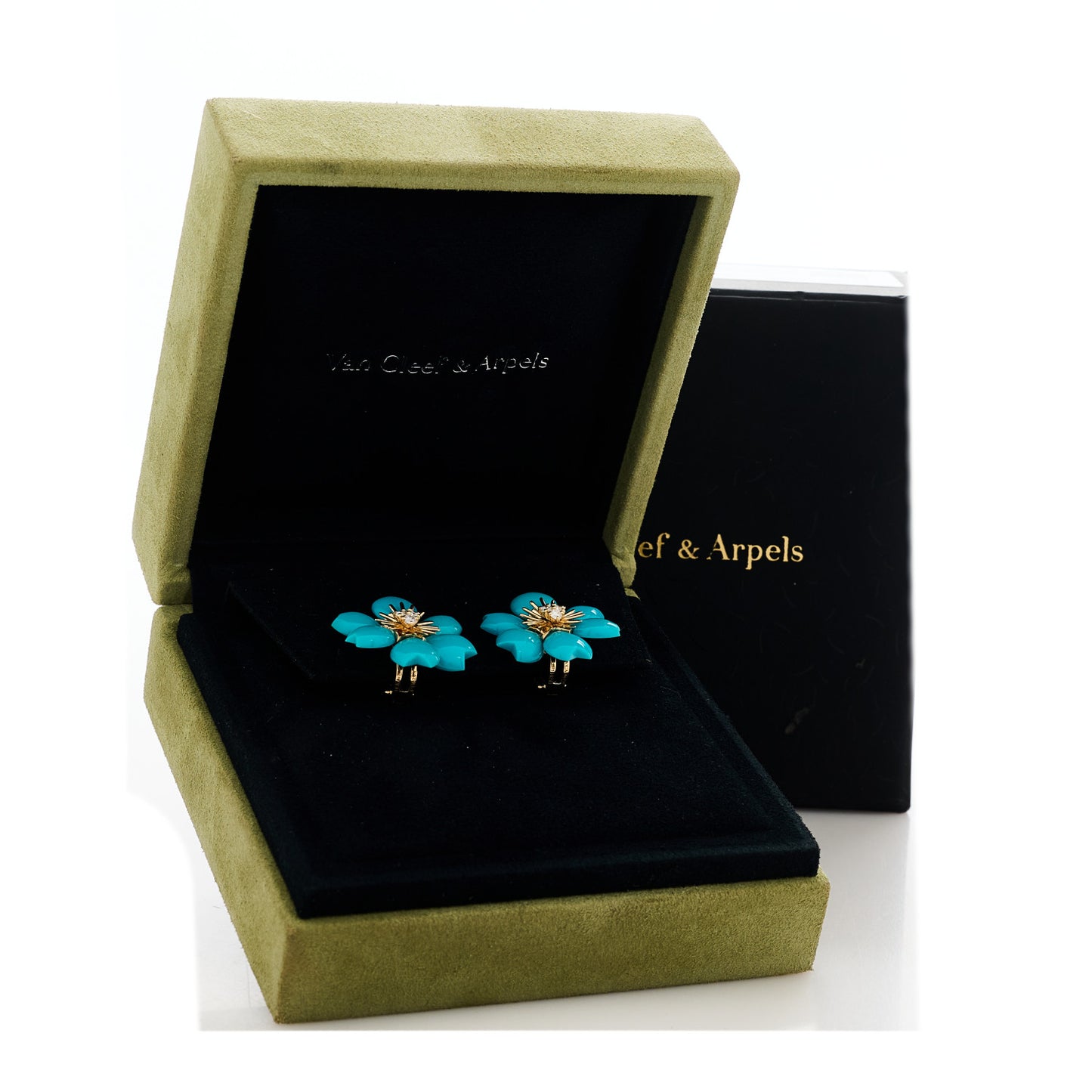 18K Yellow Gold Diamond Turquoise Mini Rose De Noel Earrings