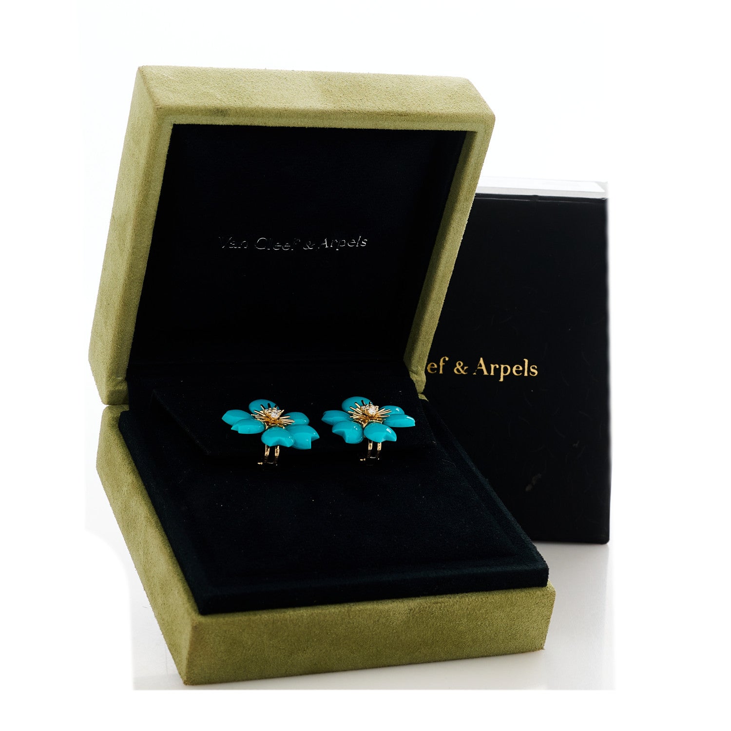 Van Cleef & Arpels 18K Yellow Gold Diamond Turquoise Mini Rose De Noel Earrings 4 of 4