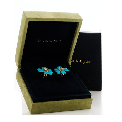 Van Cleef & Arpels 18K Yellow Gold Diamond Turquoise Mini Rose De Noel Earrings 4 of 4