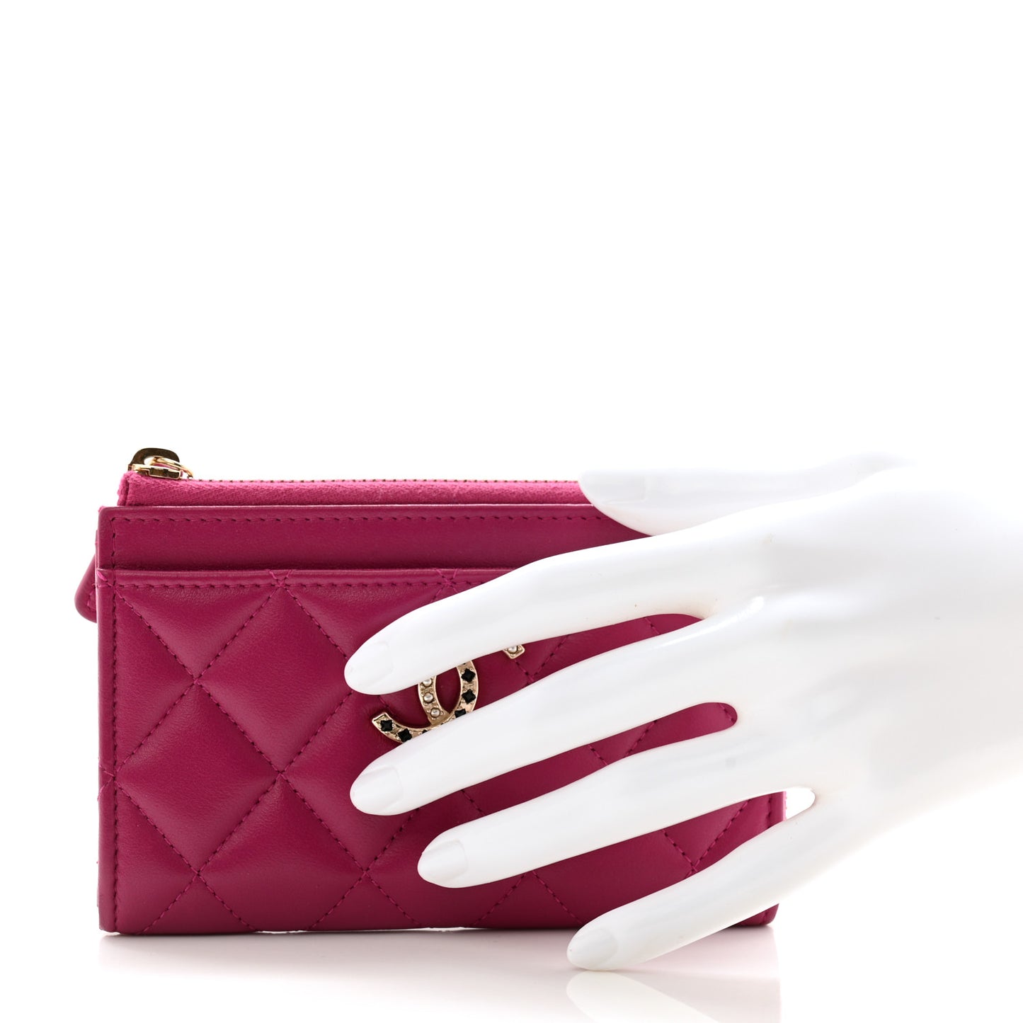Lambskin Quilted Pearl Crystal CC Zip Around Card Holder Pink
