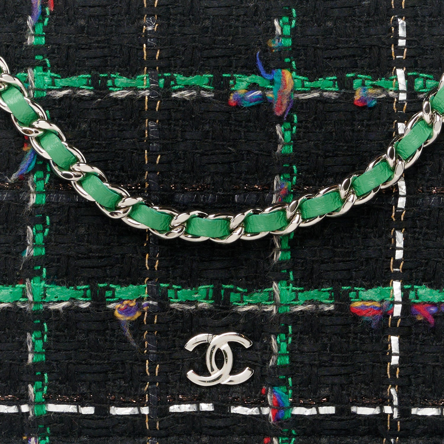 Chanel Tweed Fringe Wallet On Chain WOC Black Green 8 of 12