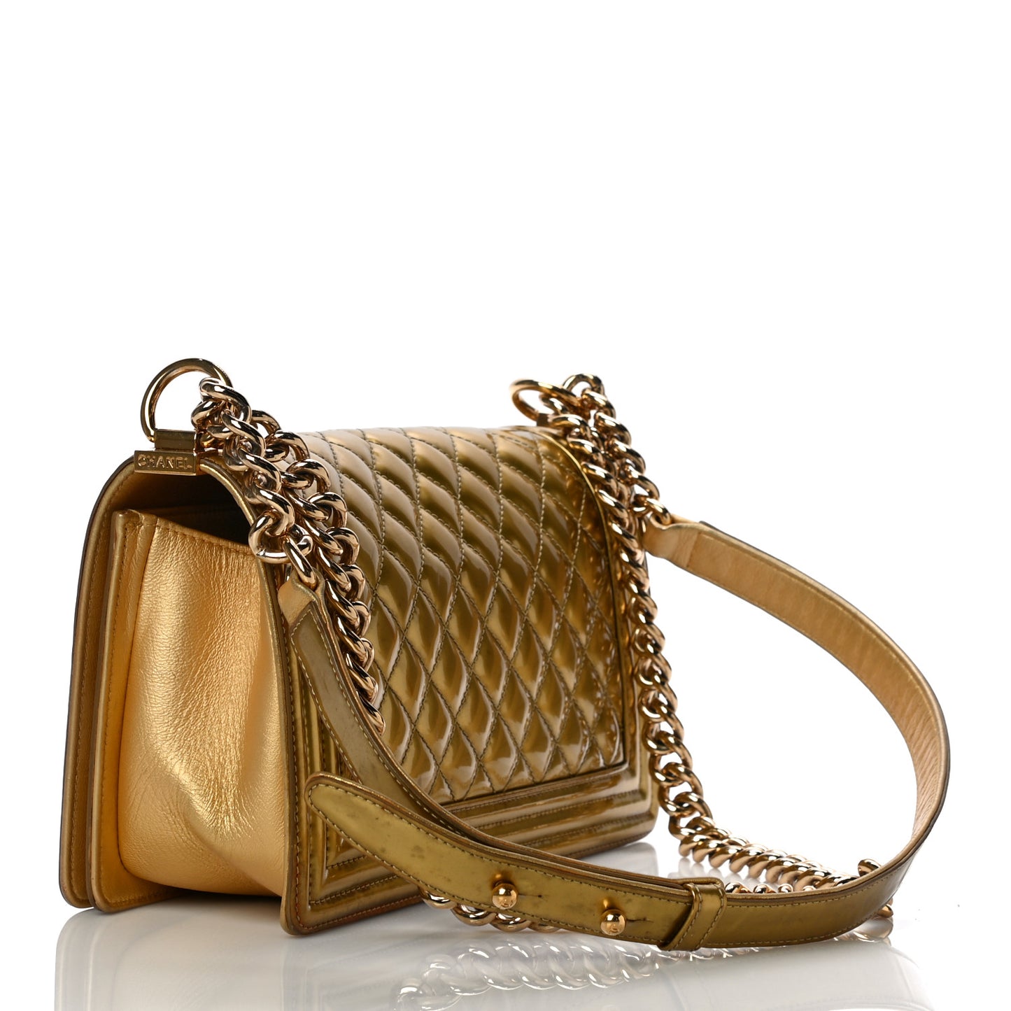 Metallic Patent Calfskin Quilted Medium Boy Flap Gold