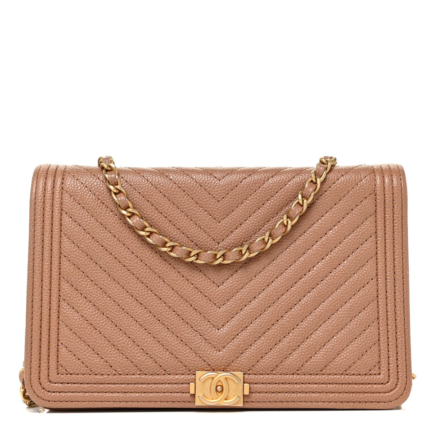 Chanel Caviar Chevron Quilted Boy Wallet On Chain WOC Dark Beige 1 of 11