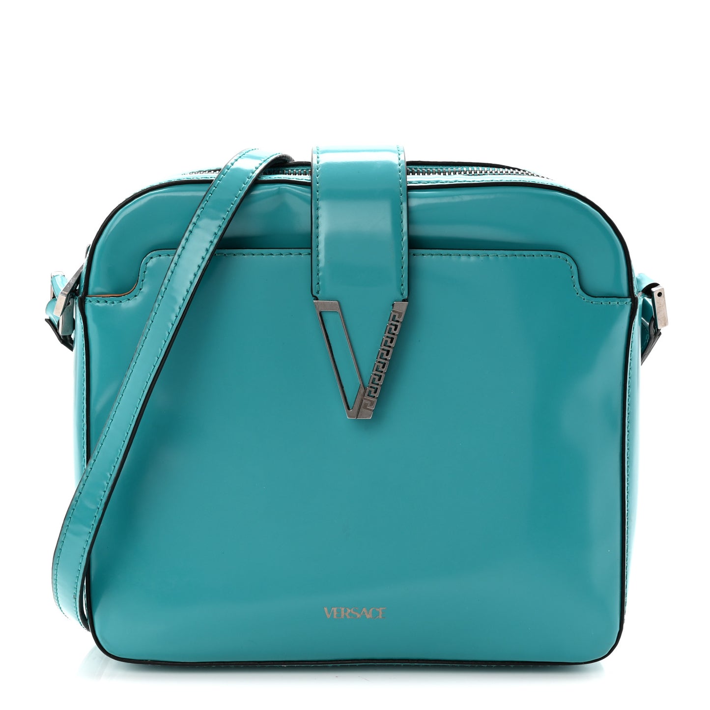 Shiny Calfskin V Greca Messenger Bag Teal