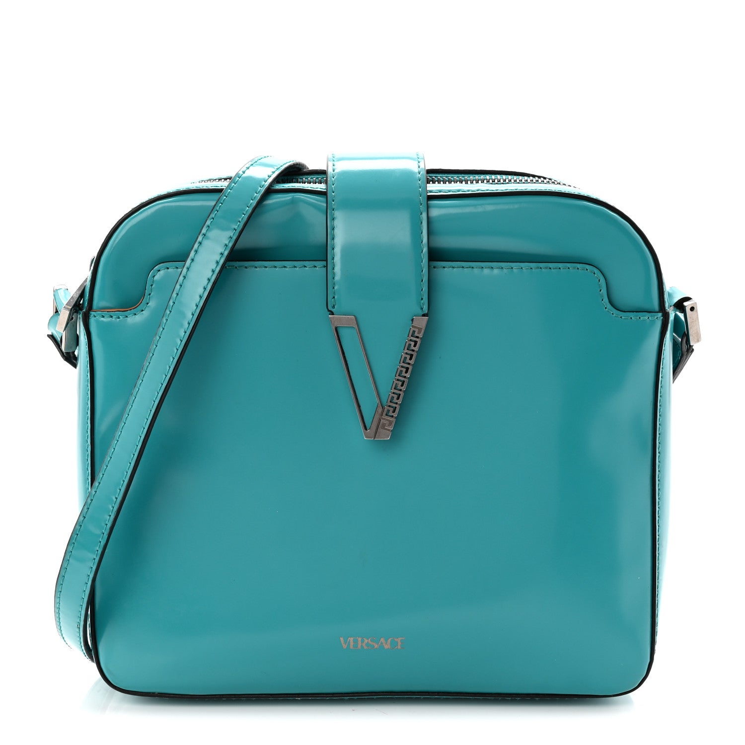 Versace Shiny Calfskin V Greca Messenger Bag Teal 1 of 10