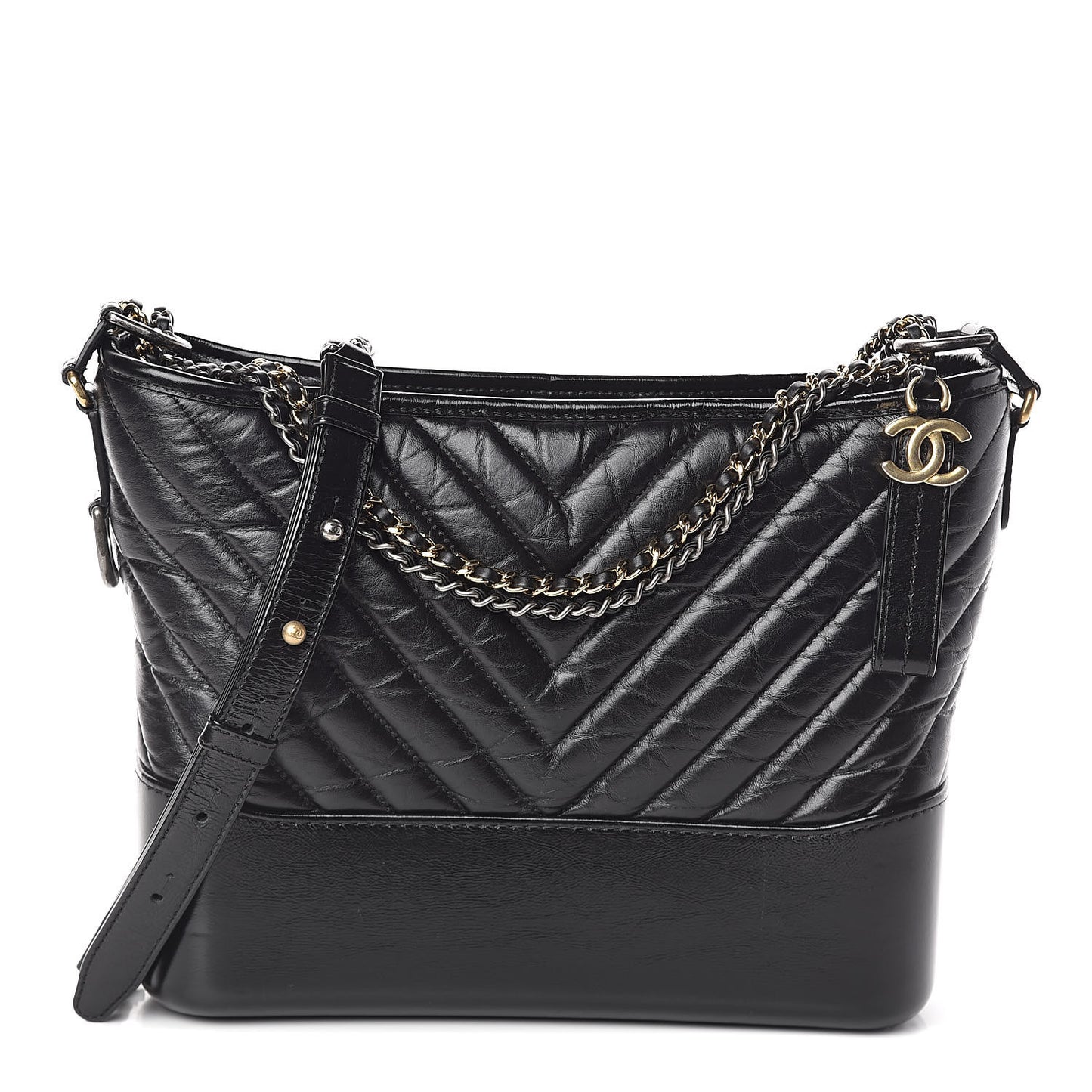Aged Calfskin Chevron Quilted Medium Gabrielle Hobo Black