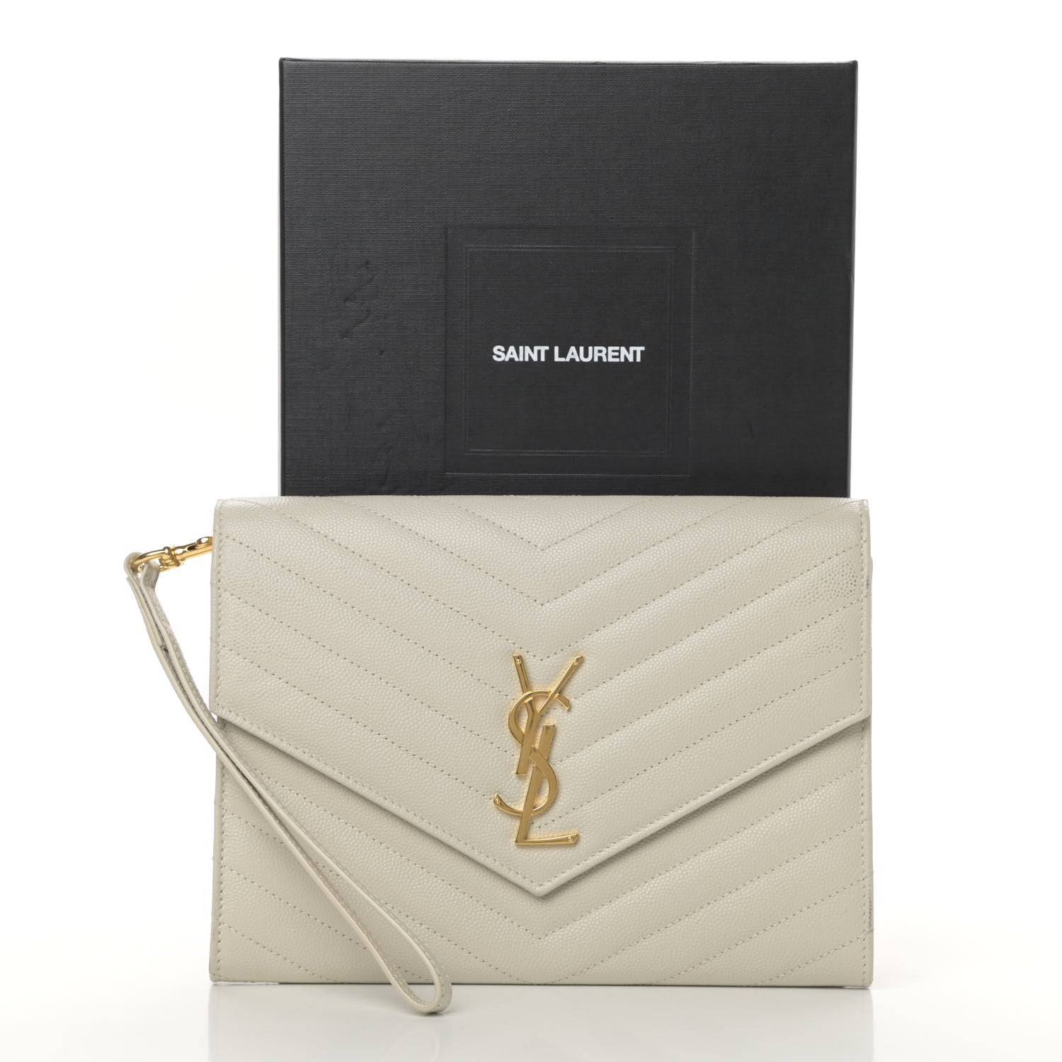 Saint Laurent Grain De Poudre Matelasse Chevron Monogram Envelope Clutch Blanc Vintage 11 of 11