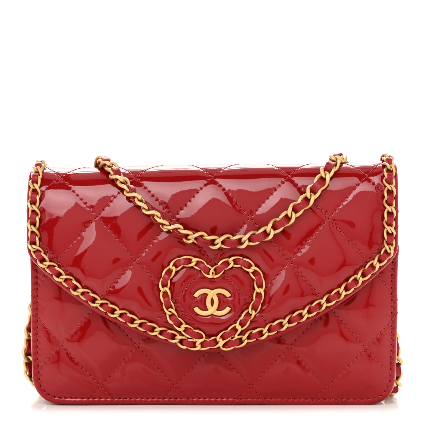 Chanel Patent Quilted Chain Around Heart Wallet On Chain WOC Red 1 of 15