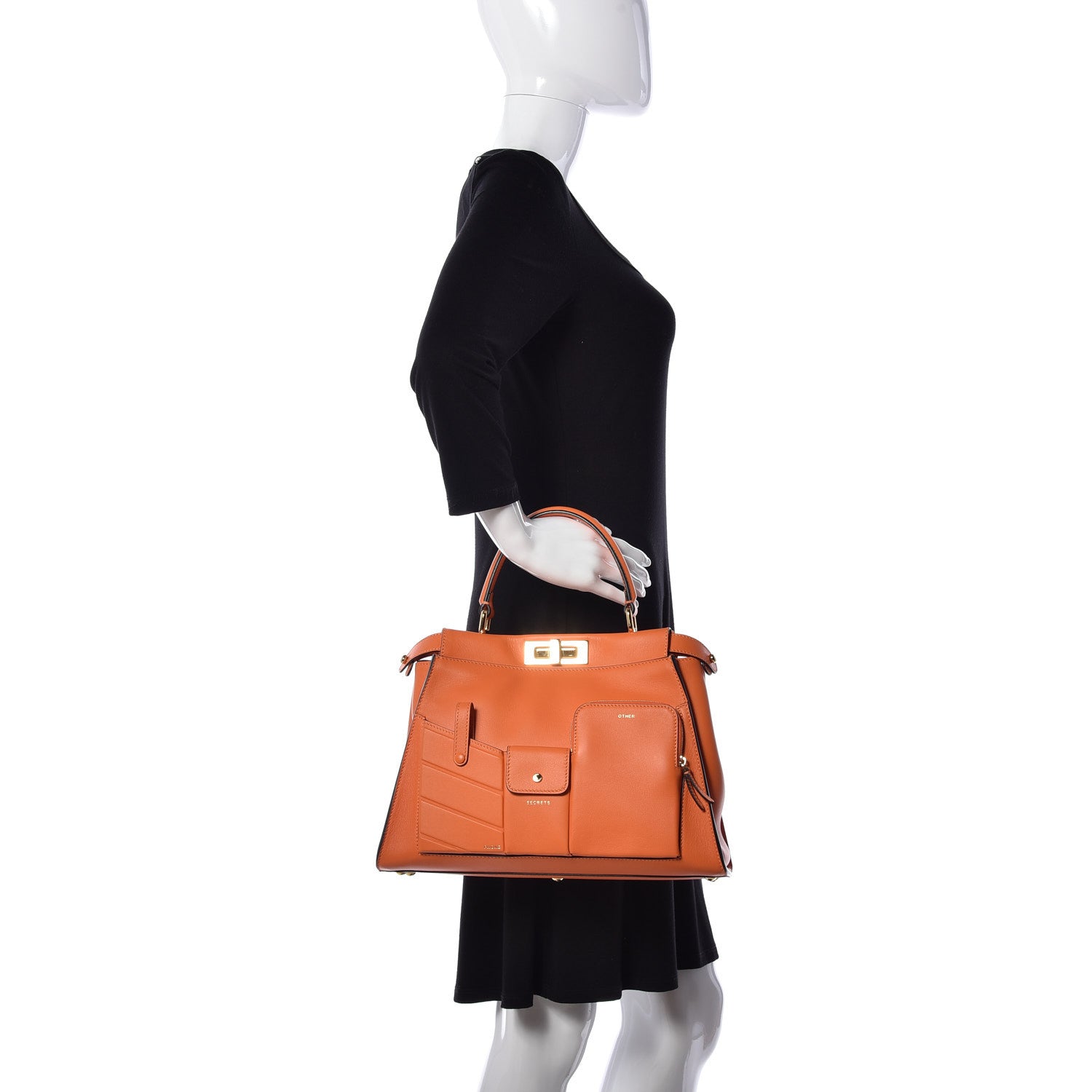 Fendi Vitello Seta Shiny Nappa Medium 3 Pocket Peekaboo Iconic Satchel Papaya 3 of 9