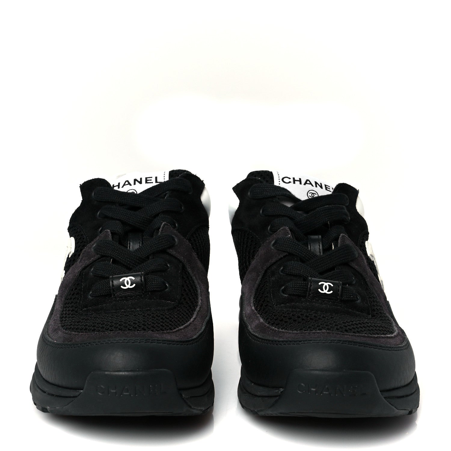 Chanel Mesh Suede Grained Calfskin Womens CC Sneakers 37 Black White 3 of 10