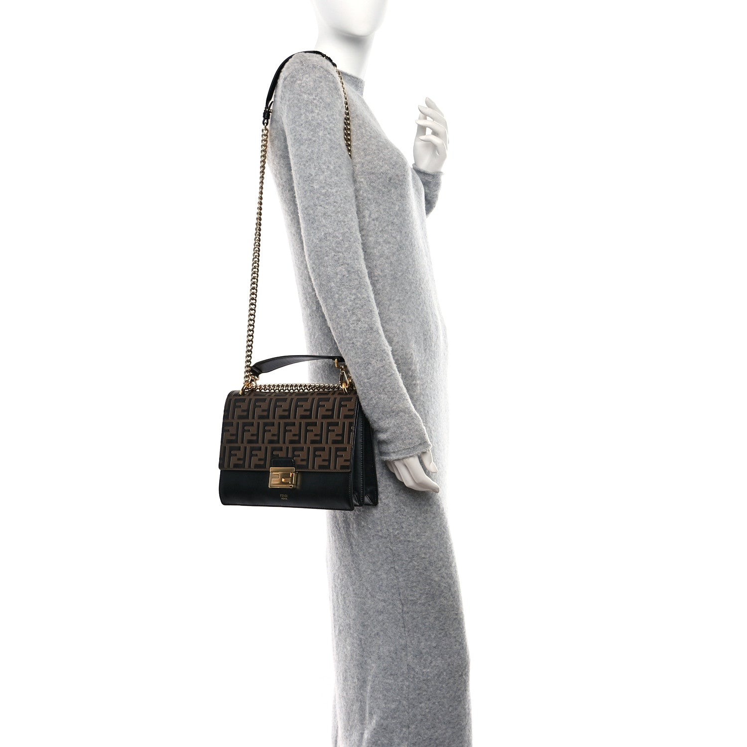 Fendi Vitello Liberty Bi-Color FF 1974 Embossed Chain Strap Kan U Shoulder Bag Black Maya 2 of 10