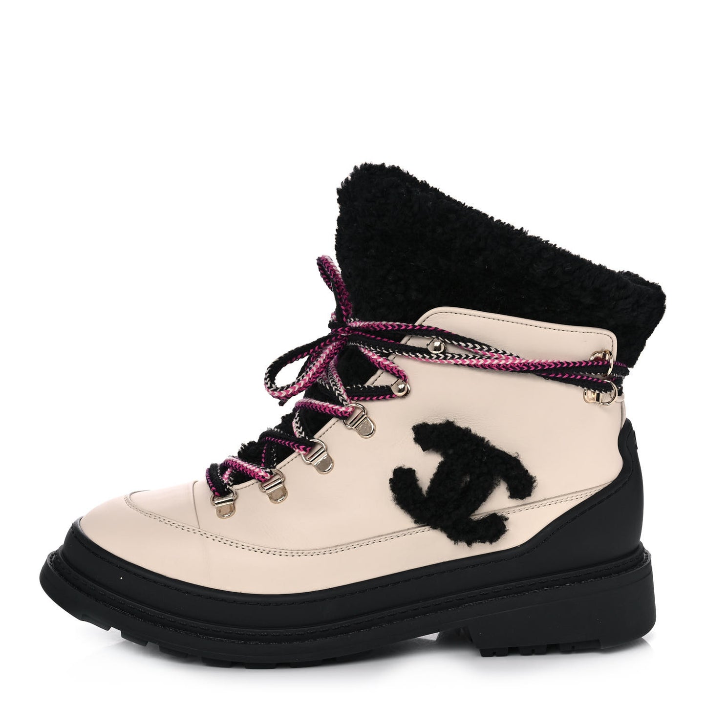 Calfskin Shearling CC Lace Up Boots 40.5 Light Beige Black