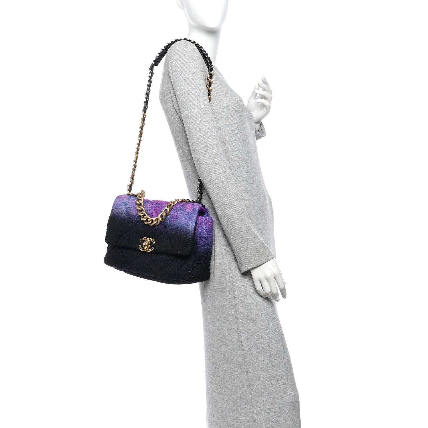 Chanel Wool Tweed Quilted Large Chanel 19 Flap Purple Black Blue 2 of 10