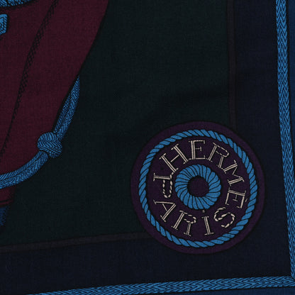 Hermes Cashmere Silk Zouaves Et Dragons Shawl 140 Marine Bordeaux Cobalt 2 of 3