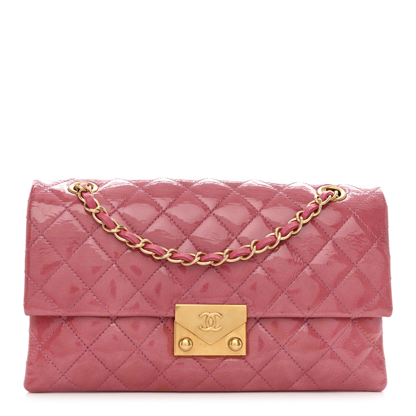 Patent Goatskin Quilted Small 3 Pocket Accordion Flap Pink