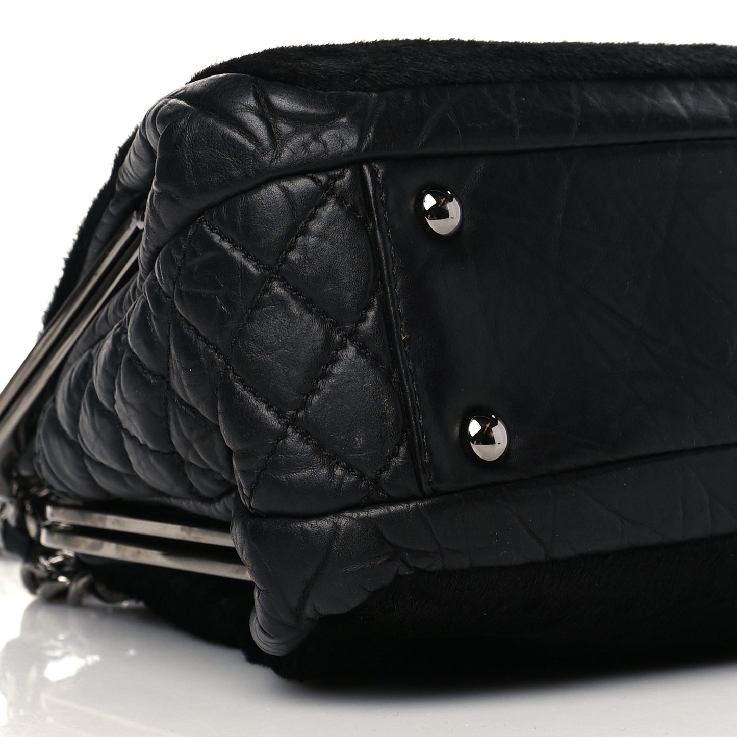 Pony Hair Lambskin Quilted Kiss Lock Frame Bag Black