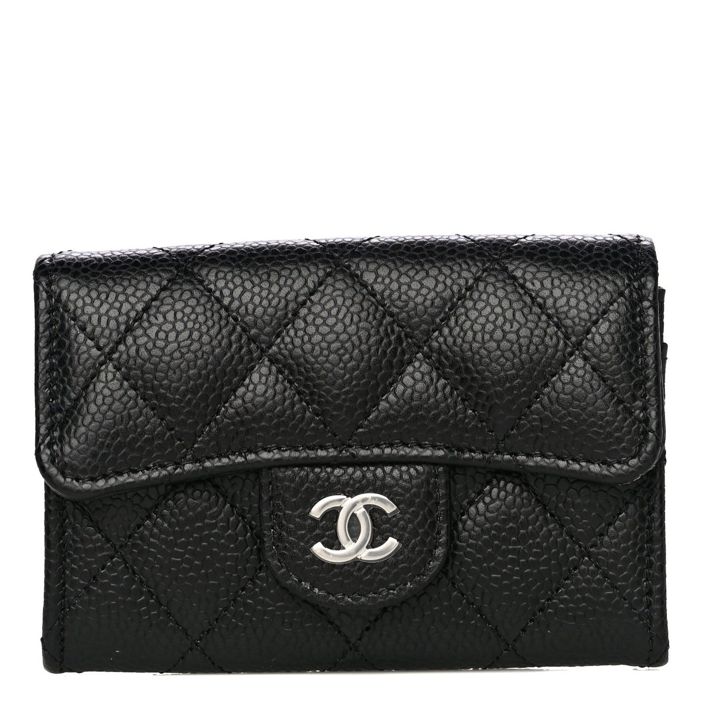 Caviar Quilted Flap Card Holder Wallet Black