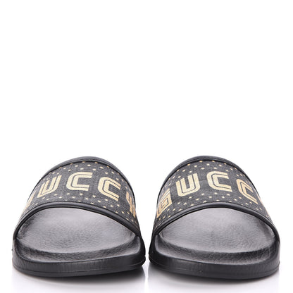 Gucci X SEGA Supreme Canvas GUCCY Stars Womens Slide Sandals 37 Black Gold 2 of 9