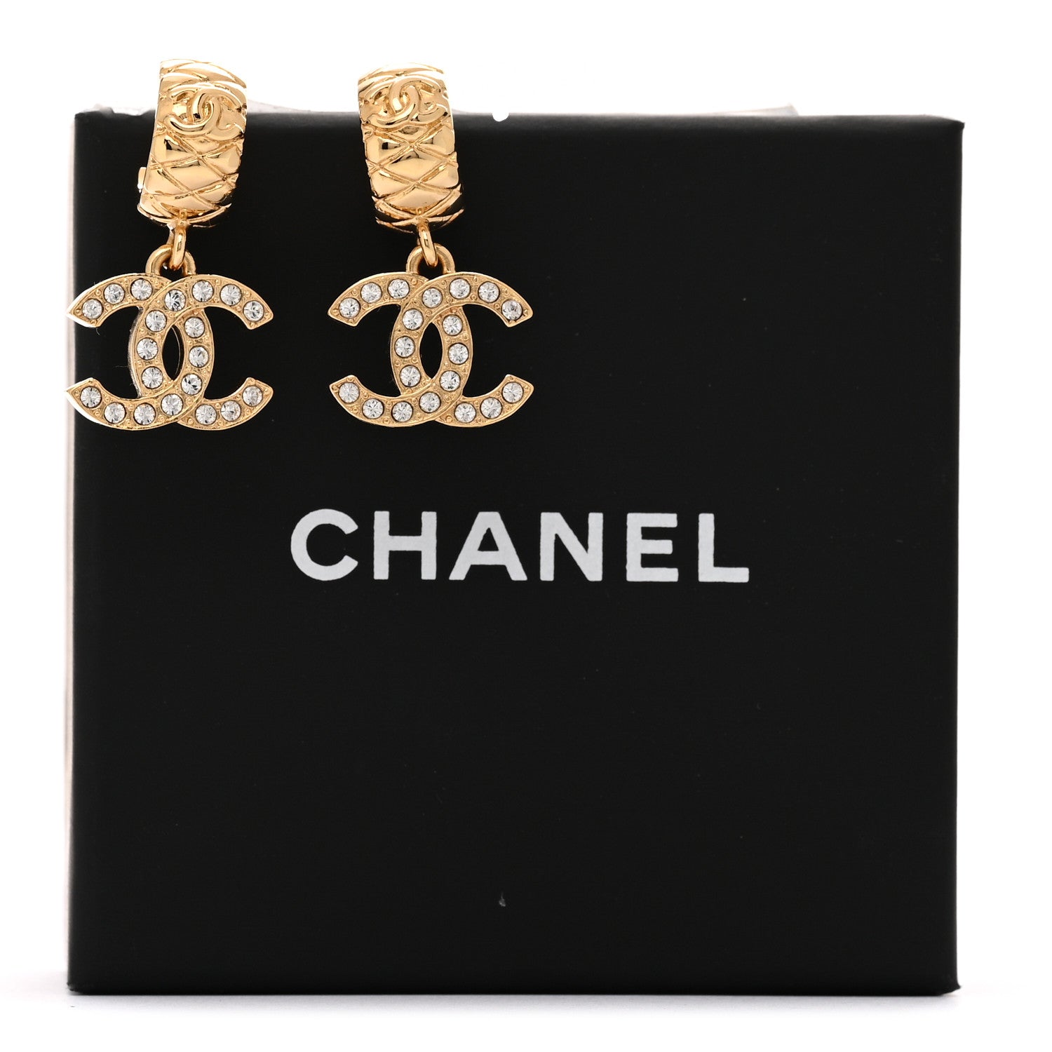 Chanel Metal Crystal CC Logo Hoop Drop Earrings Gold 6 of 6