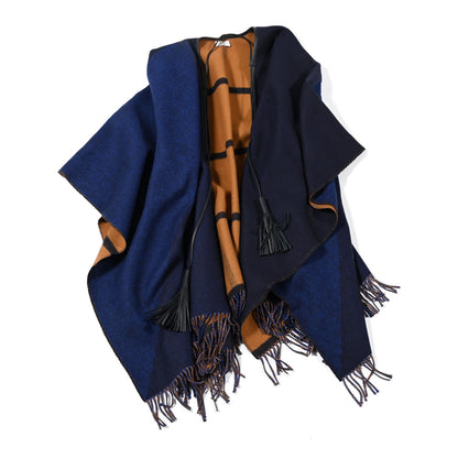 Hermes Wool Calfskin Reversible Highlands Poncho Navy Royal Fauve 1 of 2