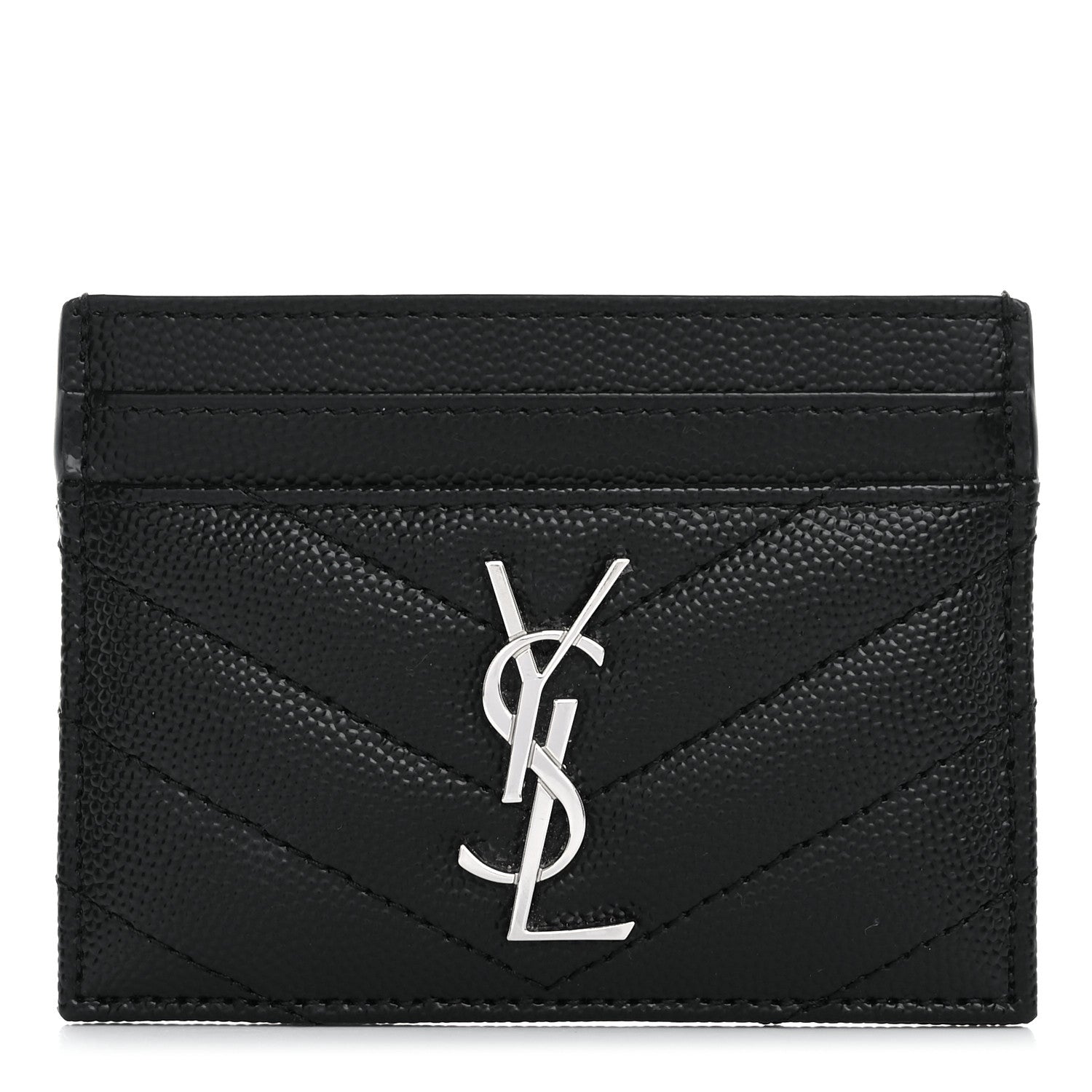 Saint Laurent Grain De Poudre Matelasse Chevron Monogram Credit Card Case Black 1 of 10