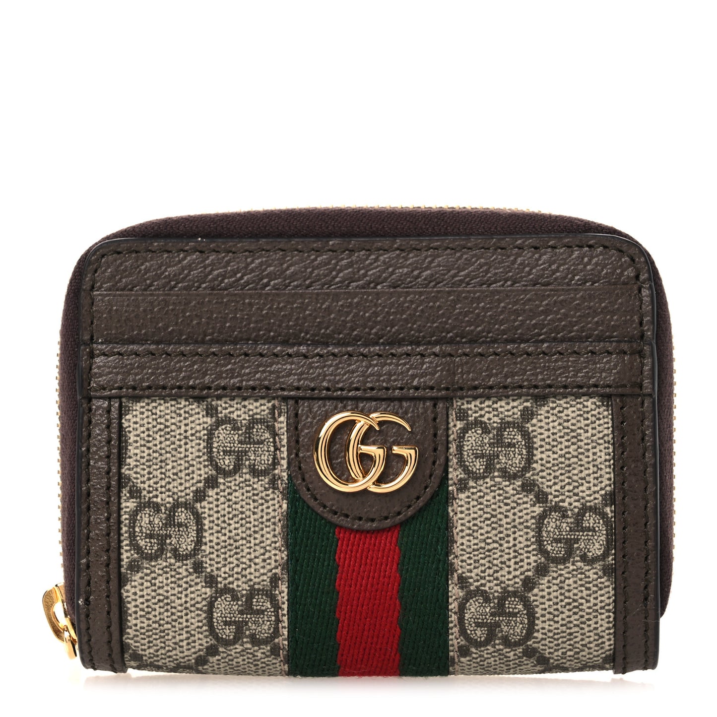 GG Supreme Monogram Textured Dollar Calfskin Web Ophidia Zip Around Card Case Wallet Beige Ebony New Acero