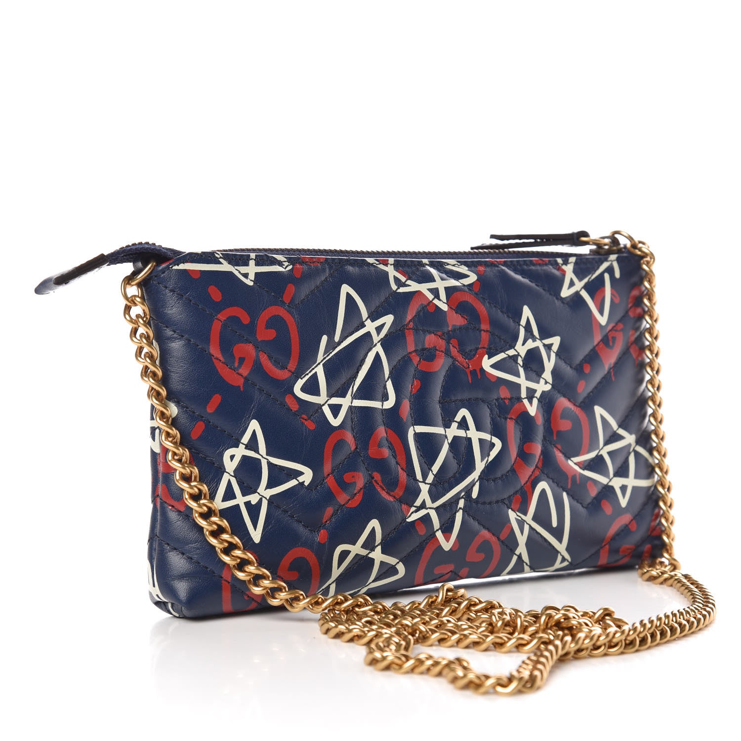 Gucci Calfskin Matelasse GucciGhost Mini GG Marmont Chain Bag Blue Agata Hibiscus Red 3 of 10
