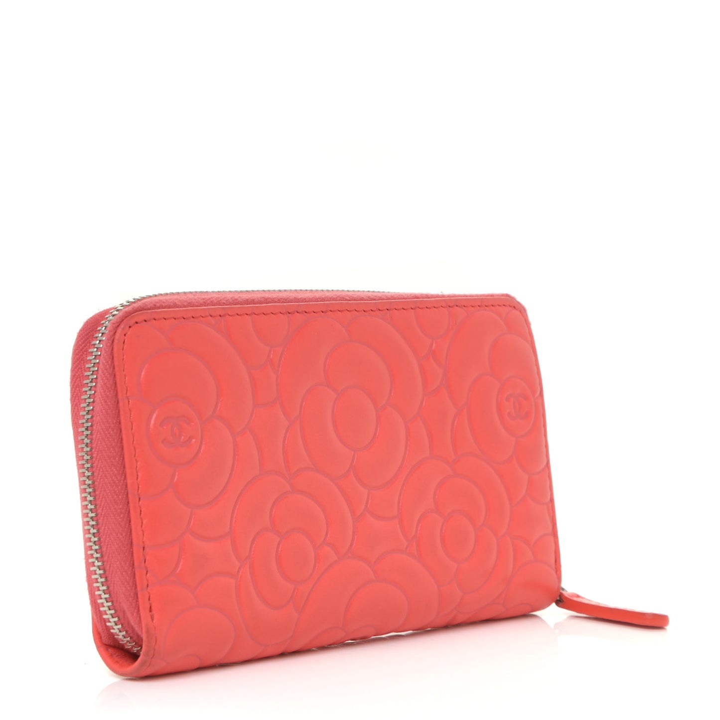 Lambskin Camellia Embossed Small Zip Around Wallet Coral
