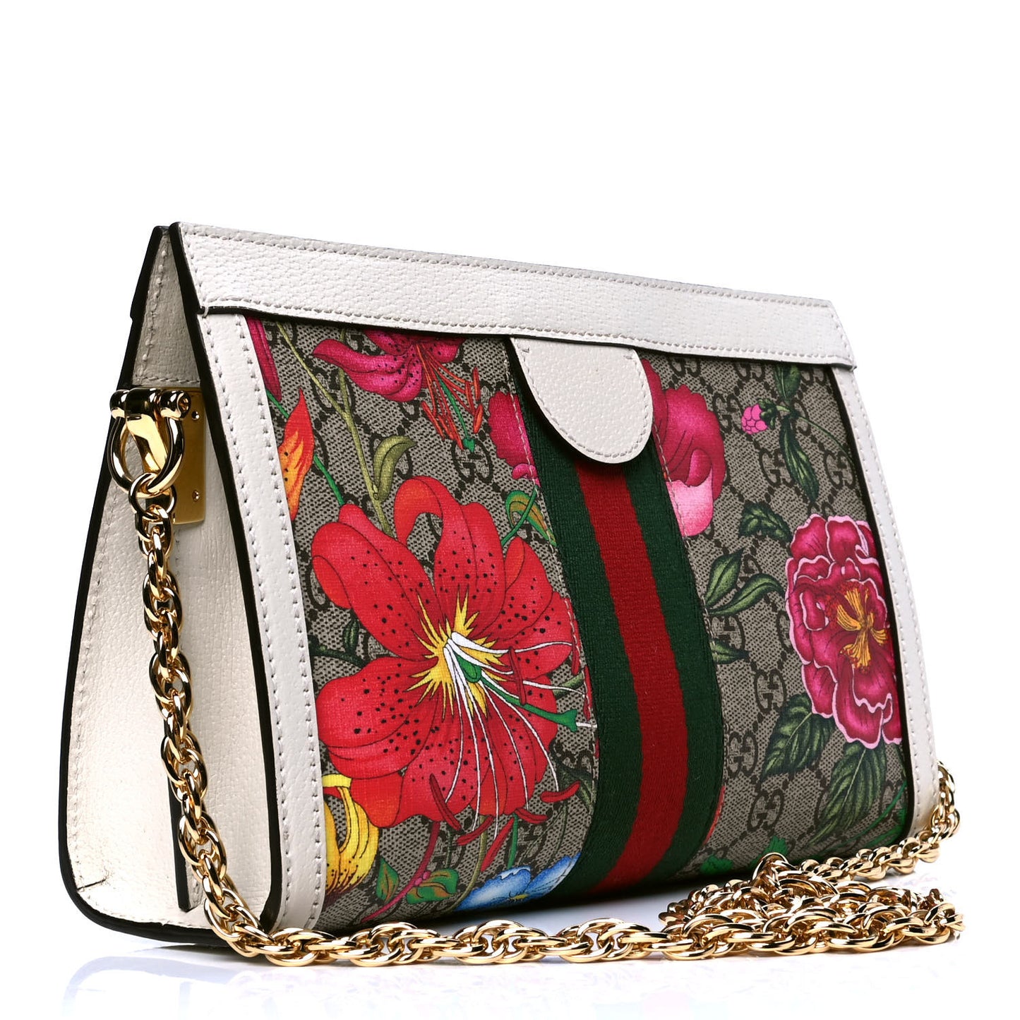 GG Supreme Monogram Flora Web Small Ophidia Chain Shoulder Bag White