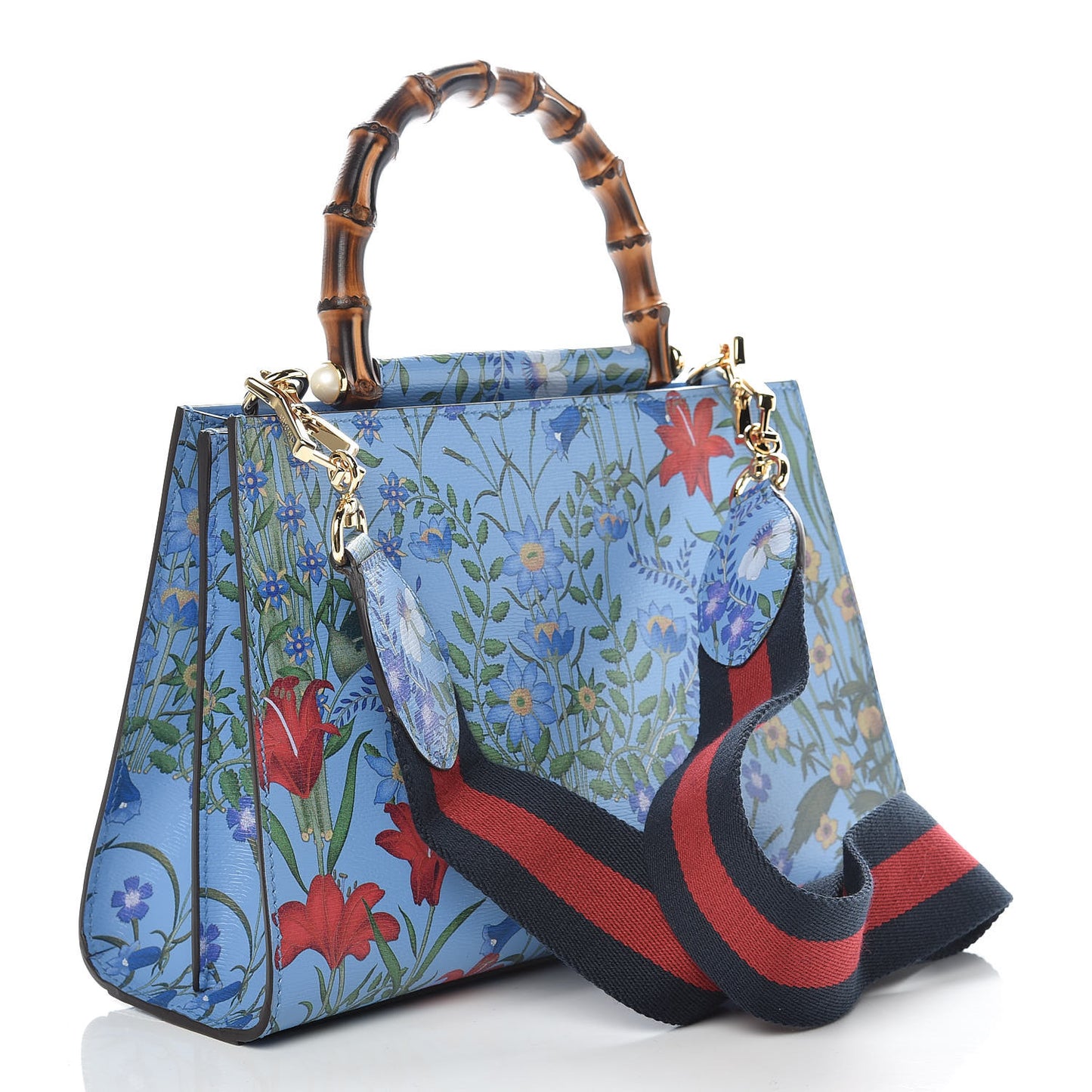 Calfskin Bamboo Web New Flora Small Nymphaea Top Handle Bag Azure