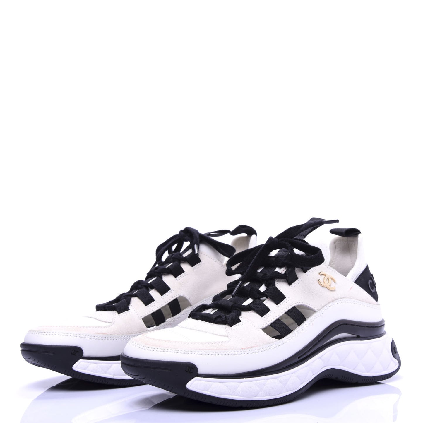 Calfskin Suede Nylon Grosgrain CC Sneakers 36 White Black
