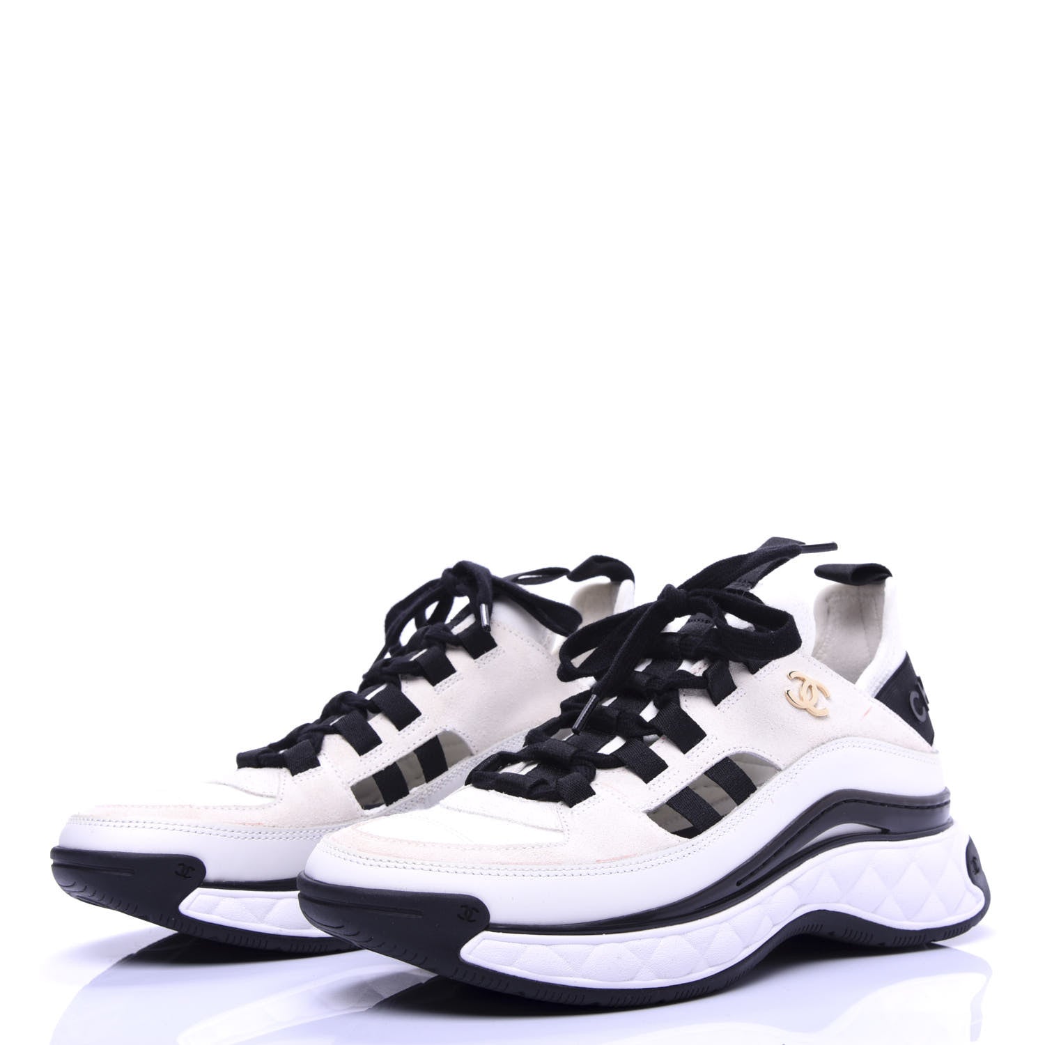Chanel Calfskin Suede Nylon Grosgrain CC Sneakers 36 White Black 3 of 13