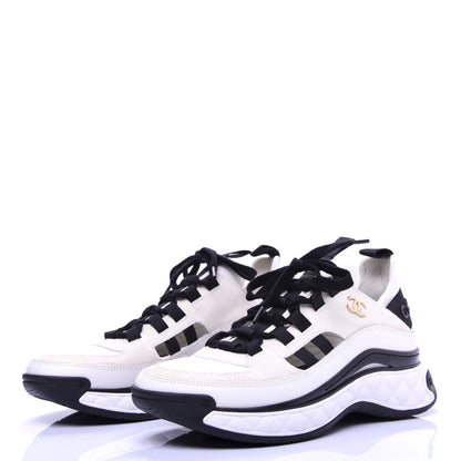 Chanel Calfskin Suede Nylon Grosgrain CC Sneakers 36 White Black 3 of 13