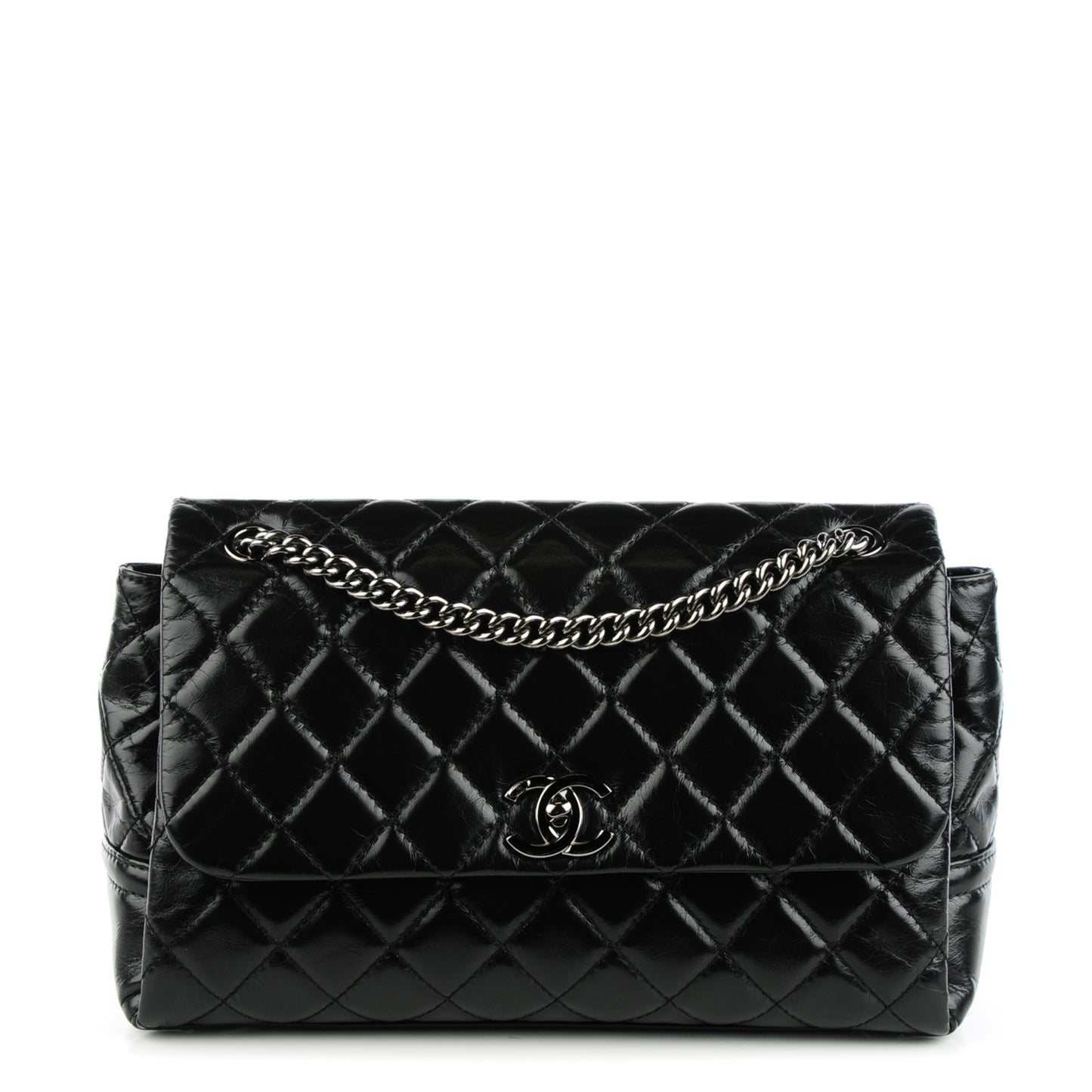 Glazed Calfskin Quilted Medium Lady Pearly Flap Black
