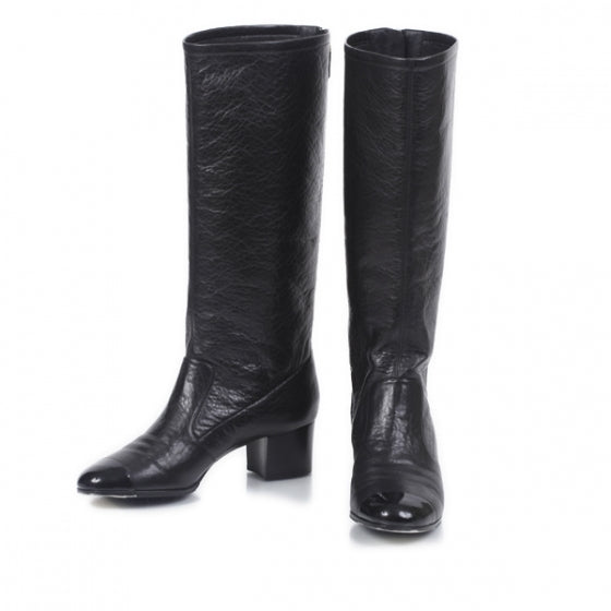 Leather Cap Toe Tall Boots 40.5 Black