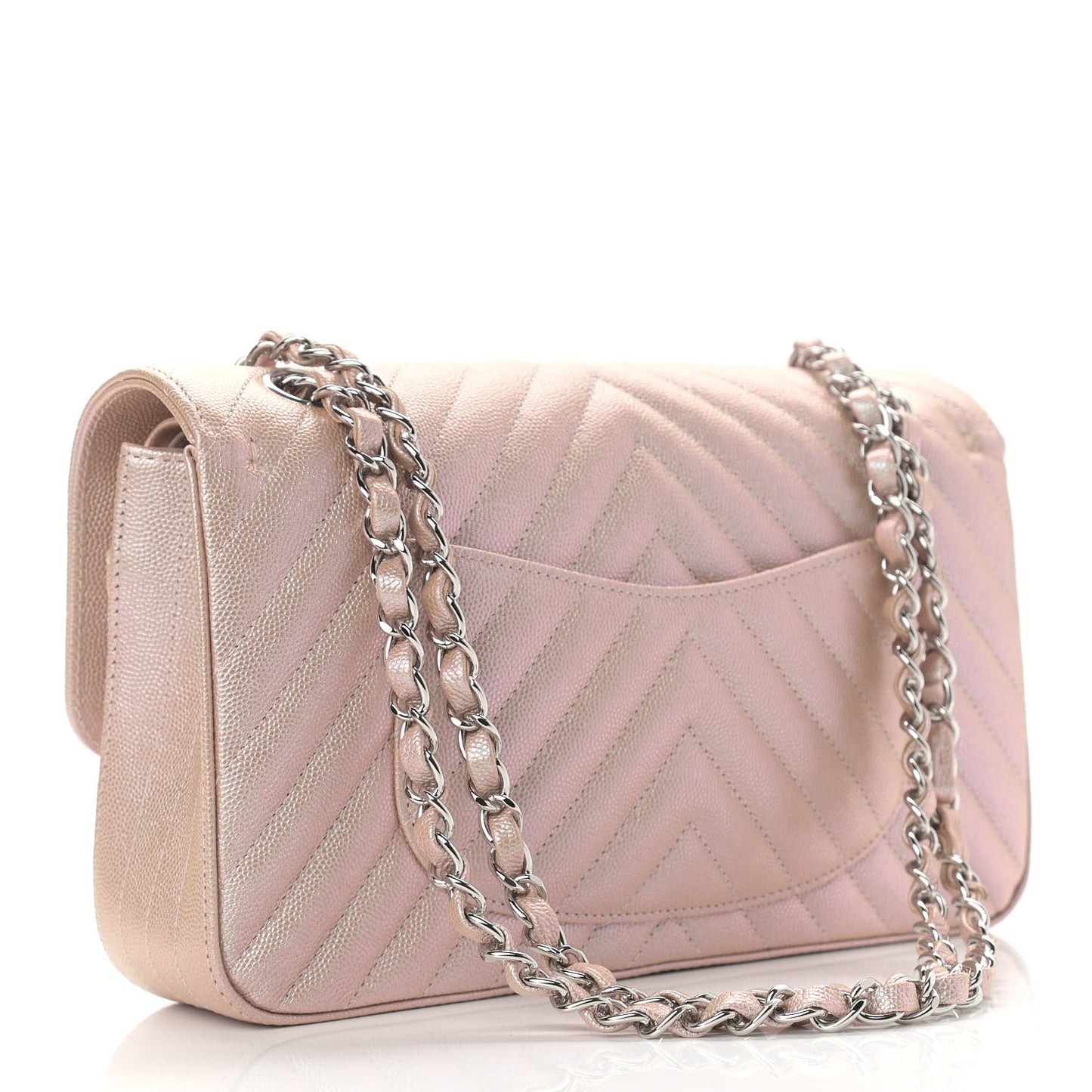 Metallic Caviar Chevron Quilted Medium Double Flap Light Gold