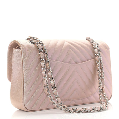 Chanel Metallic Caviar Chevron Quilted Medium Double Flap Light Gold 3 of 9