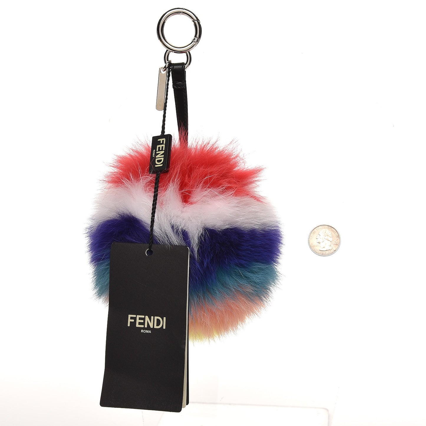 Fox Fur Shiny Nappa Rainbow Pom Pom Bag Charm Rosso Multicolor Black