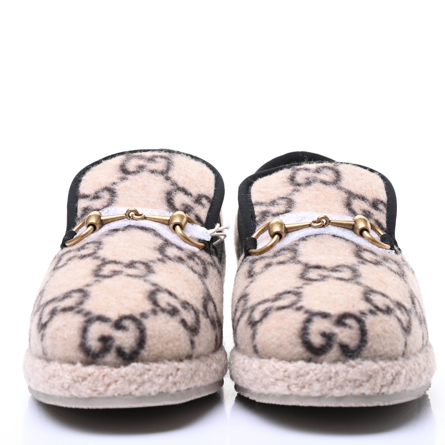 Covered Wool GG Monogram Womens Fria Horsebit Loafers 37.5 Beige Ebony Black Butterscotch