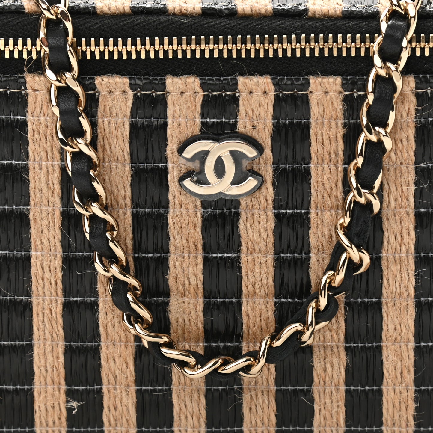 Raffia Jute Striped Small Vanity Case With Chain Black Beige