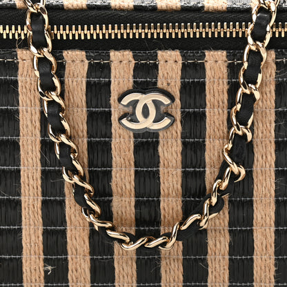 Chanel Raffia Jute Striped Small Vanity Case With Chain Black Beige 8 of 11
