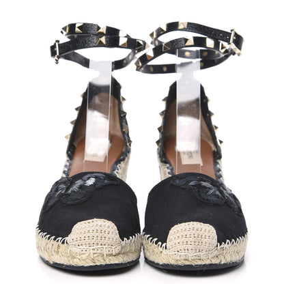 Valentino Garavani Canvas Butterfly Embroidered Rockstud Ankle Wrap Espadrille 15/85mm Wedges 39 Black 2 of 9